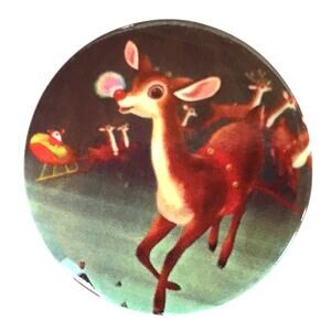 Vintage Pinback Collectible Button Rudolph Reindeer Christmas Retro 1.25 Inches